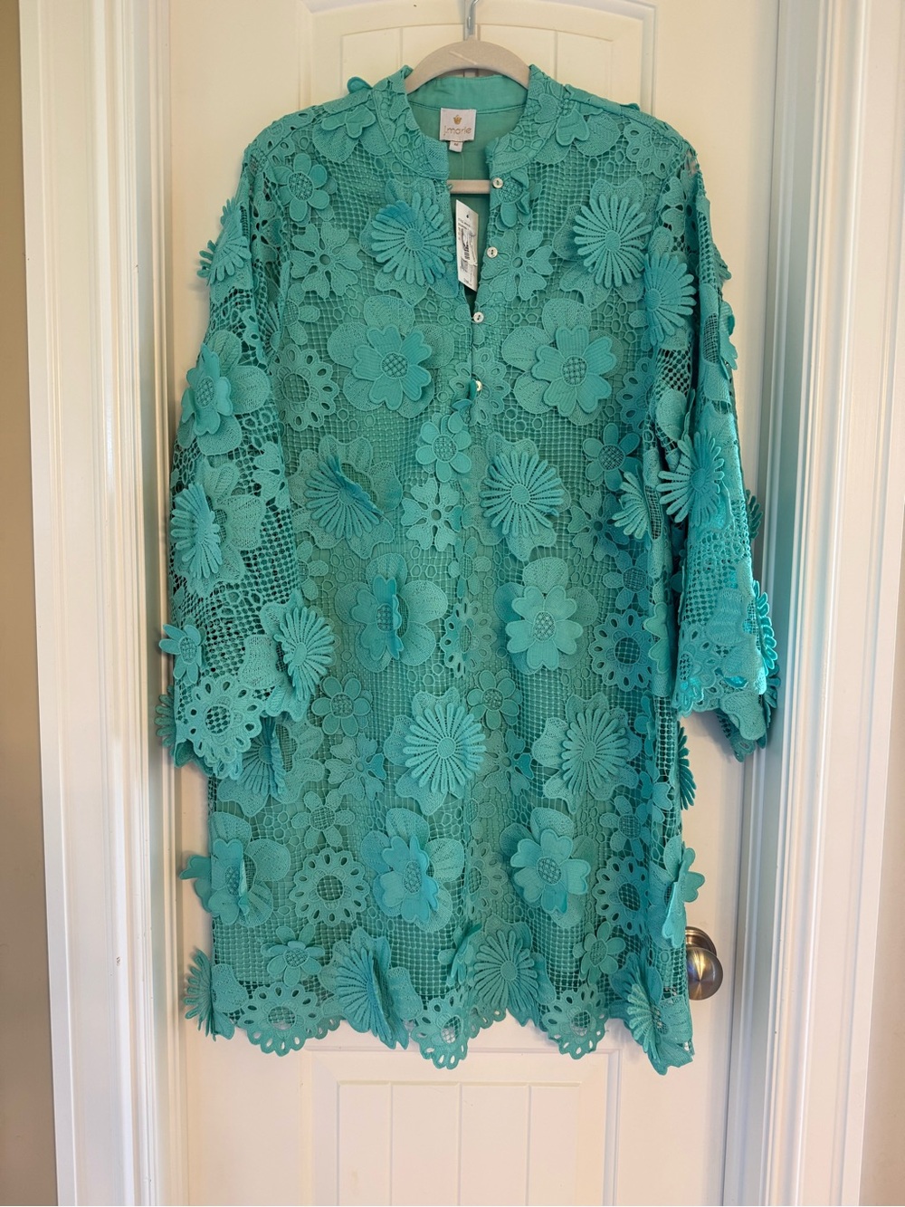 Embroidered Floral Crochet Tunic Dress - Teal